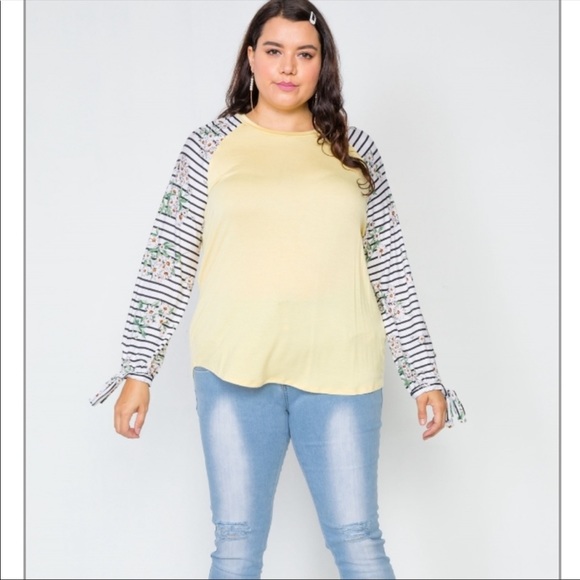 Woman’s Plus size yellow floral and striped top - Picture 2 of 4
